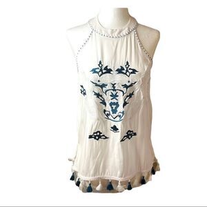 BLUE Rain white  100% cotton sleeveless embroidered high neck beads tassels SZ S